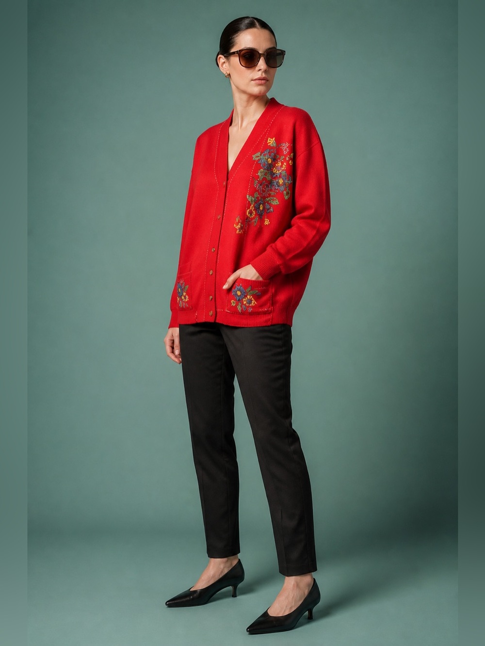 Vintage Linda Lori Floral Painted Cottage Red O/S Cardigan Sweater Rare